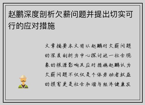 赵鹏深度剖析欠薪问题并提出切实可行的应对措施